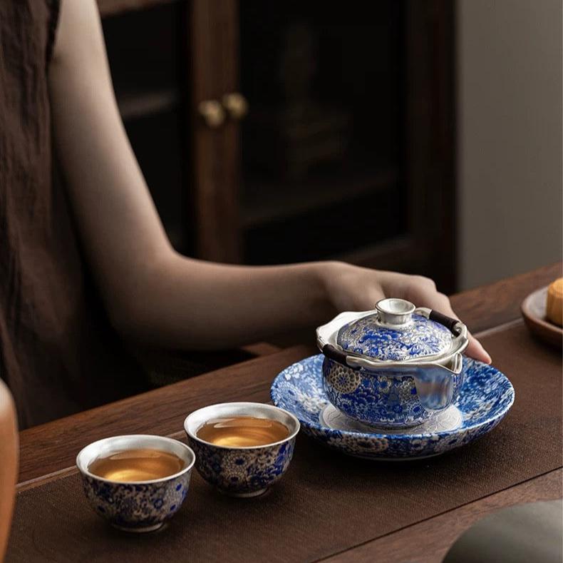 Blue and white lotus gilt silver teapot